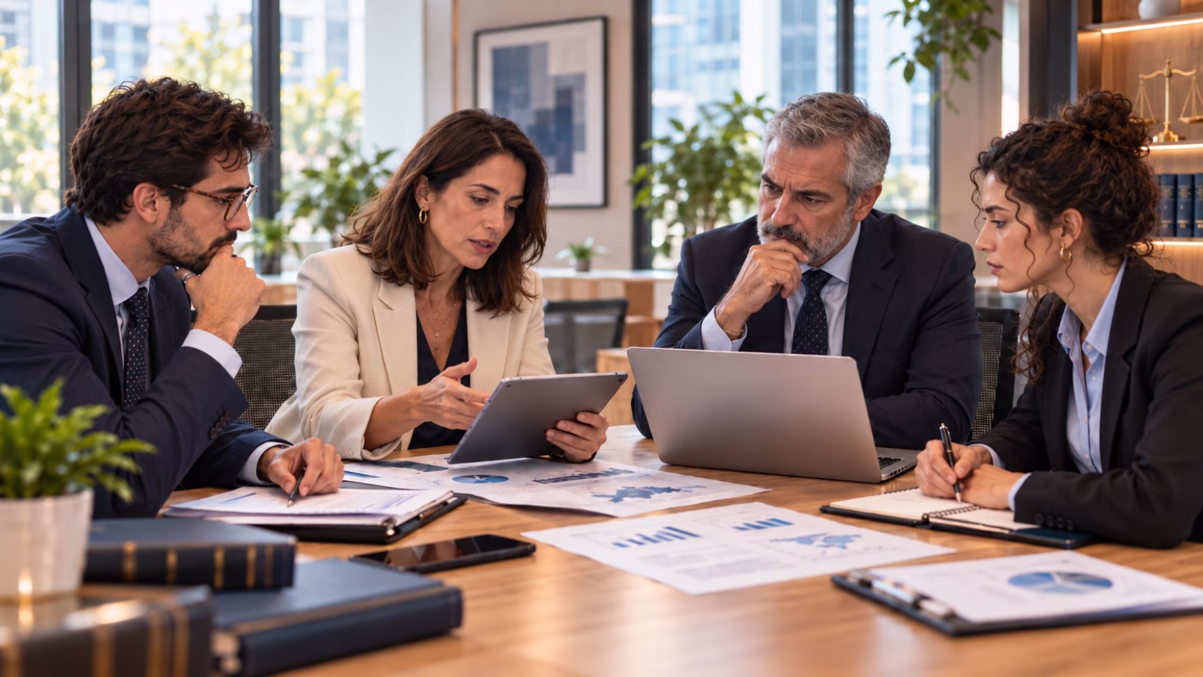 Cuatro profesionales reunidos en una oficina revisando documentación financiera y datos en una tableta y un ordenador portátil.