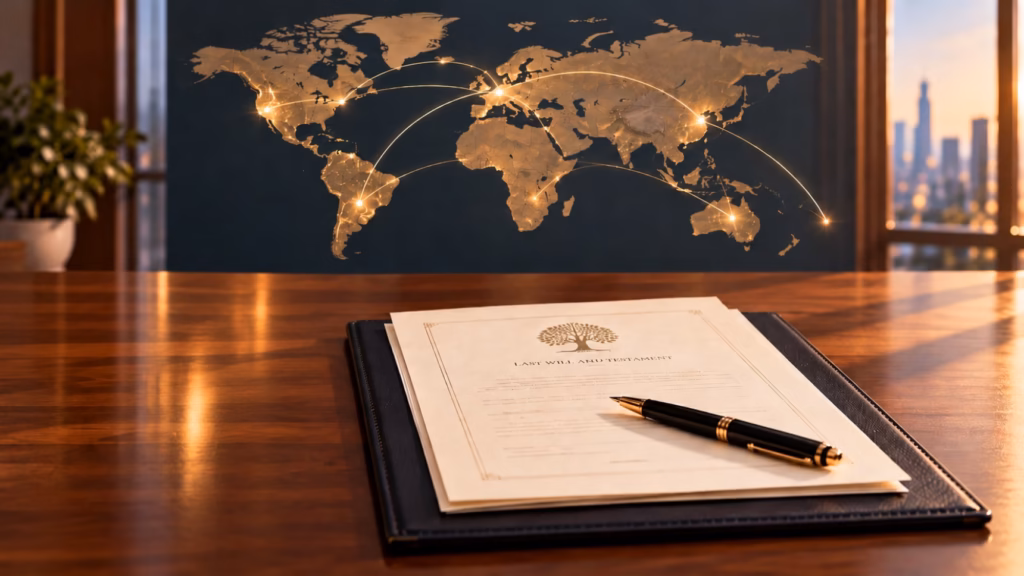 Herencia con bienes en varios países representada mediante un testamento y un mapa mundial con conexiones internacionales