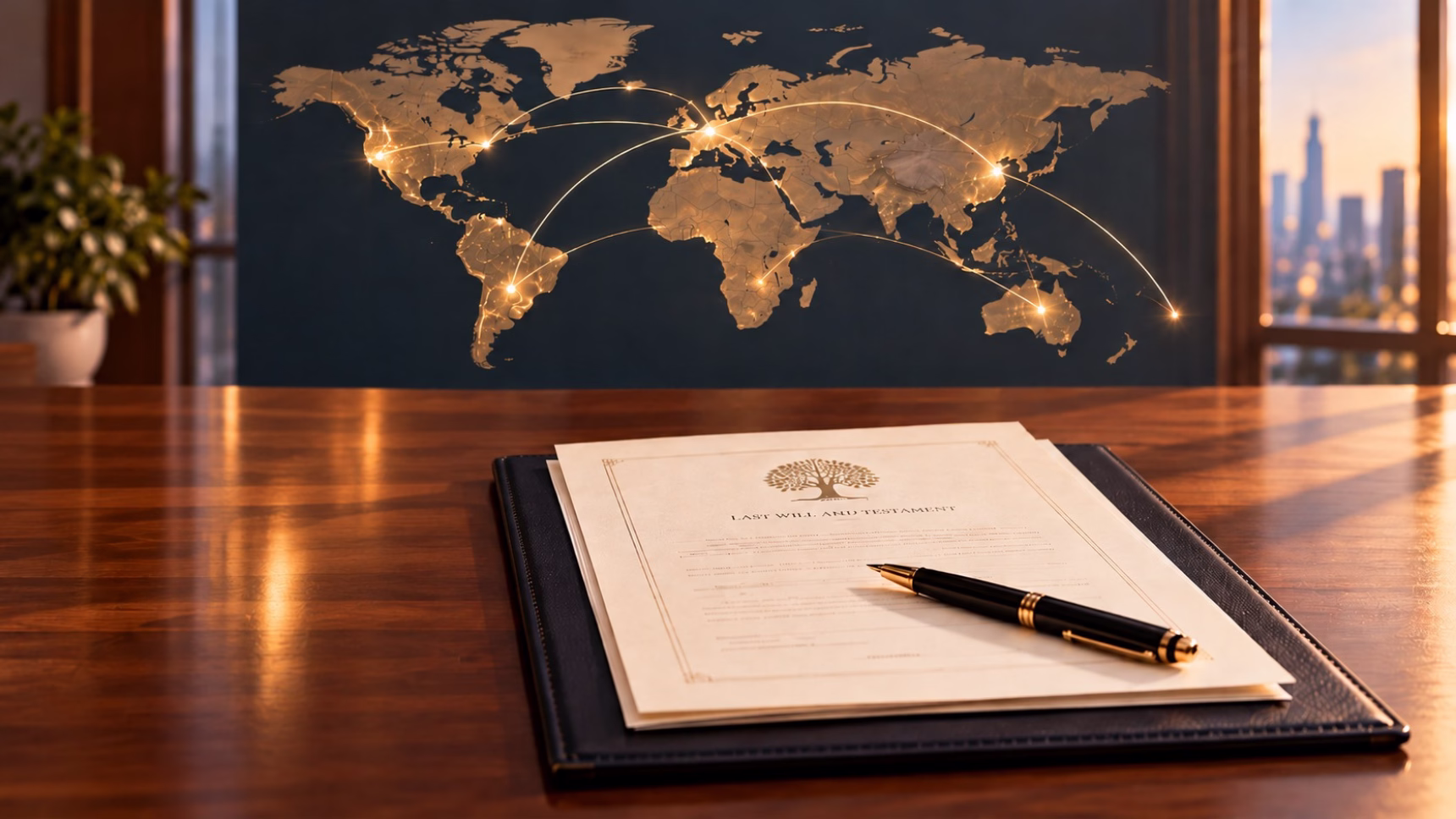 Herencia con bienes en varios países representada mediante un testamento y un mapa mundial con conexiones internacionales