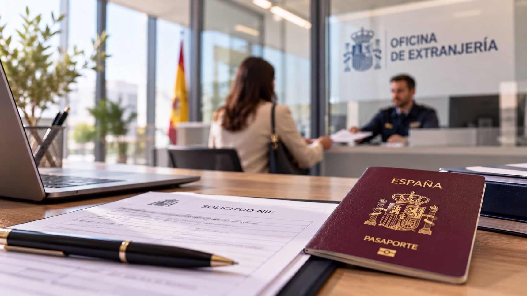 Formulario de solicitud del NIE y pasaporte español sobre una mesa en una oficina de extranjería