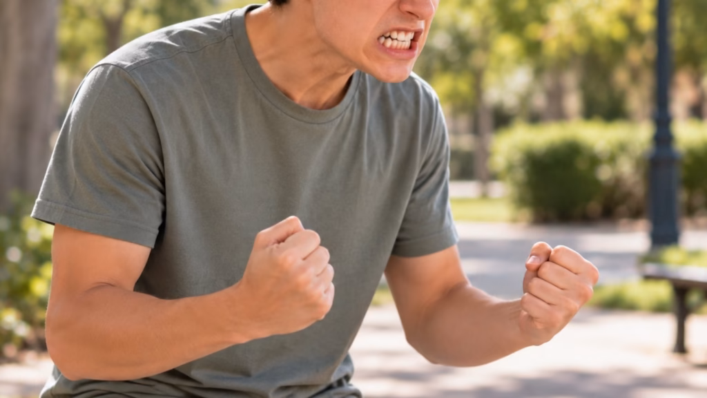 Joven con los puños cerrados en actitud agresiva, ilustrando las peleas entre menores y el delito de lesiones.