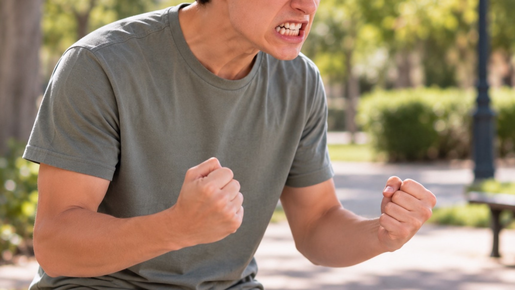 Joven con los puños cerrados en actitud agresiva, ilustrando las peleas entre menores y el delito de lesiones.