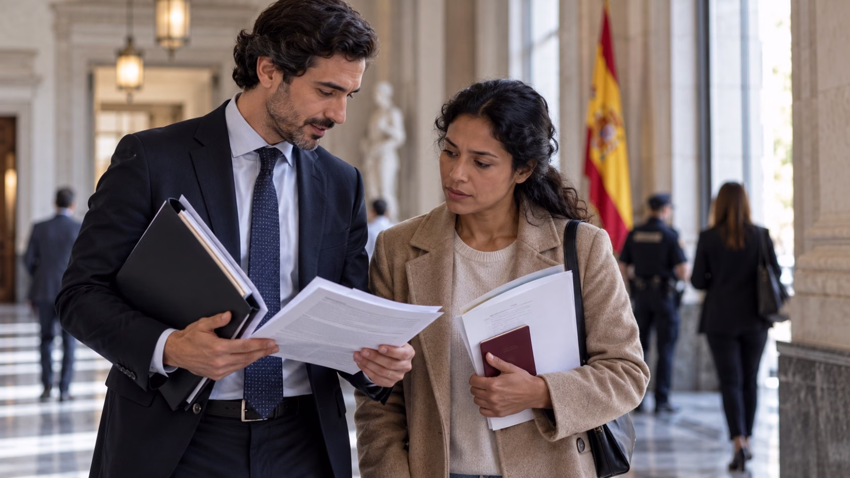 Abogado revisando documentación con una mujer que sostiene un pasaporte en un edificio administrativo, imagen sobre recursos de extranjería