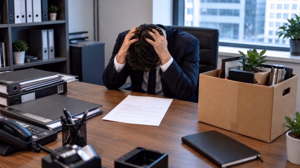 Trabajador preocupado ante una carta de despido disciplinario sobre su escritorio