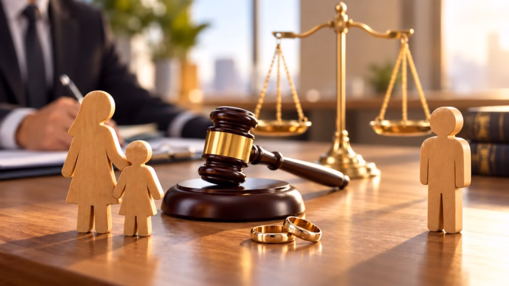 Representación de un divorcio contencioso con custodia exclusiva de una menor, mediante figuras familiares, un mazo judicial y una balanza de justicia.