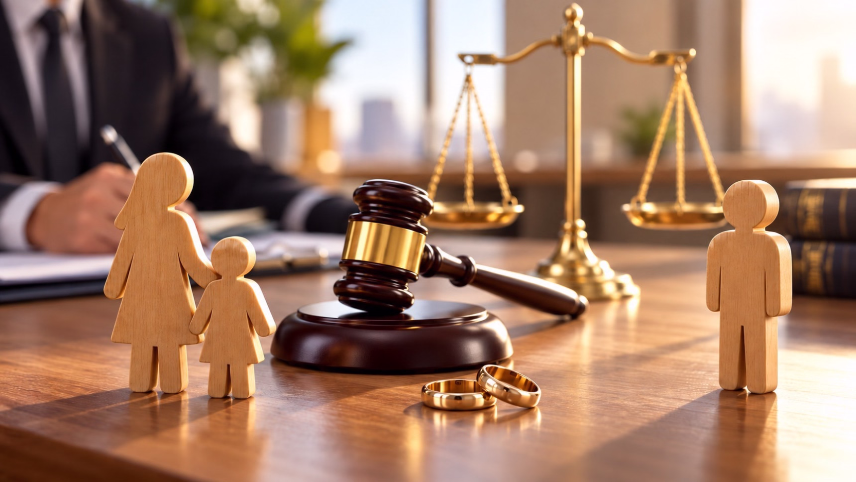 Representación de un divorcio contencioso con custodia exclusiva de una menor, mediante figuras familiares, un mazo judicial y una balanza de justicia.