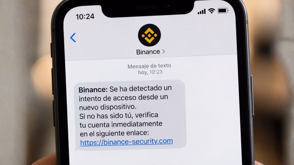 Estafa Binance por SMS: mensaje fraudulento que suplanta a la plataforma y solicita verificar la cuenta mediante un enlace falso.