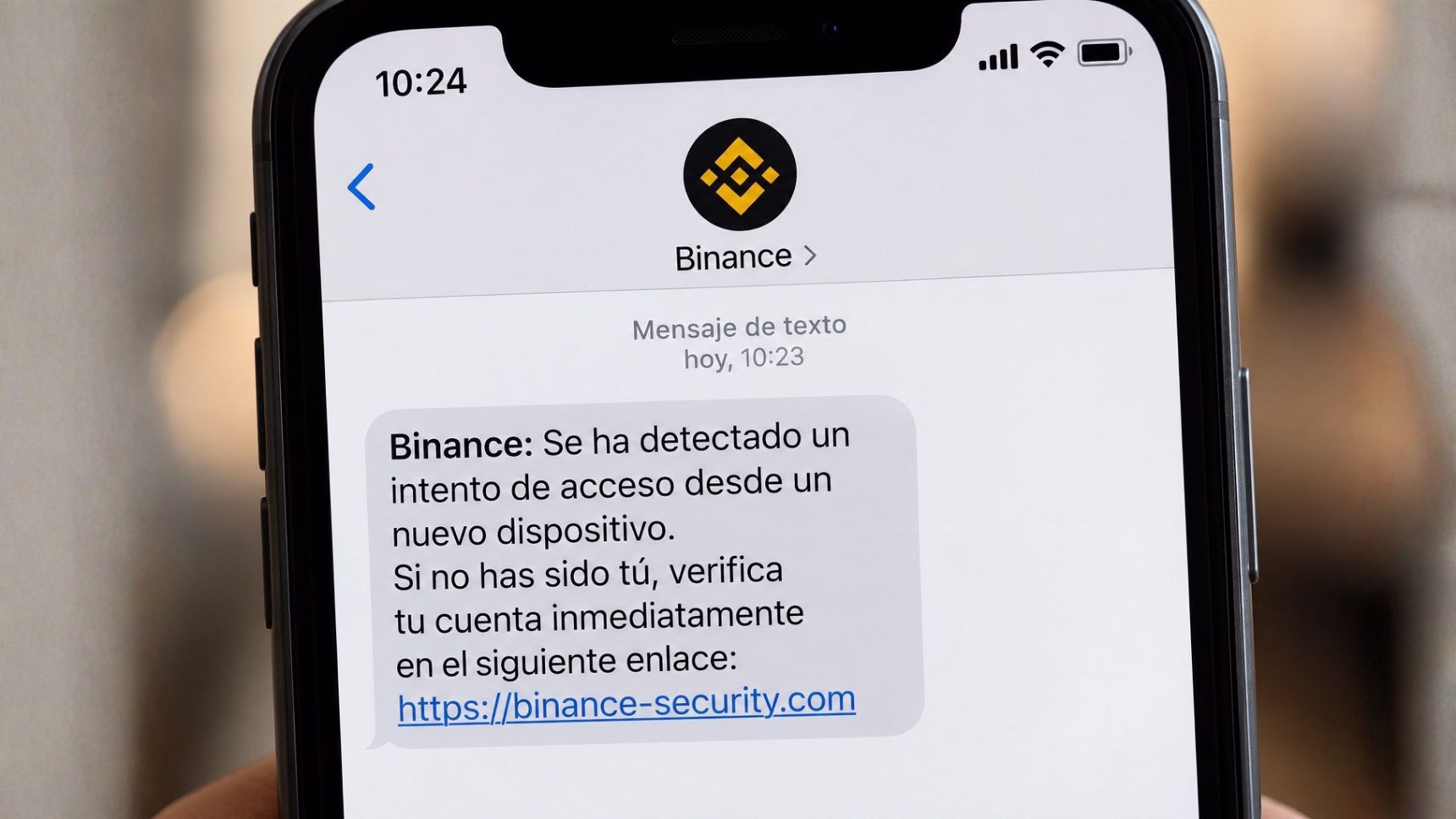 Estafa Binance por SMS: mensaje fraudulento que suplanta a la plataforma y solicita verificar la cuenta mediante un enlace falso.