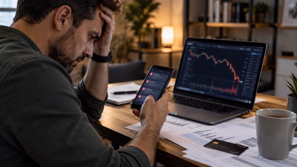 Usuario preocupado ante el bloqueo de fondos en un exchange de criptomonedas mientras consulta su móvil y una plataforma de trading.