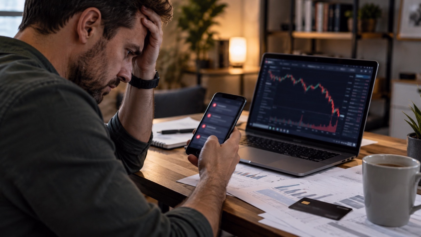 Usuario preocupado ante el bloqueo de fondos en un exchange de criptomonedas mientras consulta su móvil y una plataforma de trading.