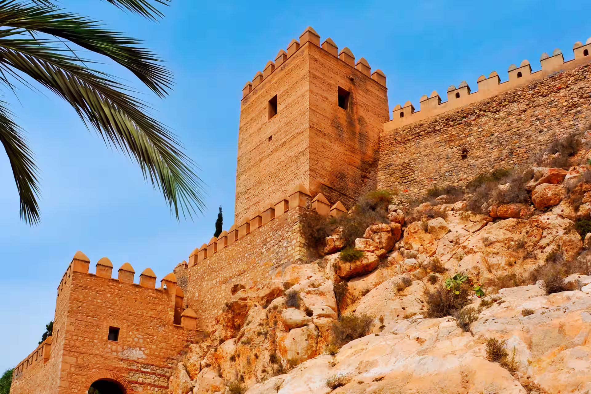 Murallas y torreones de la Alcazaba de Almería construidos sobre una elevación rocosa con vegetación mediterránea.