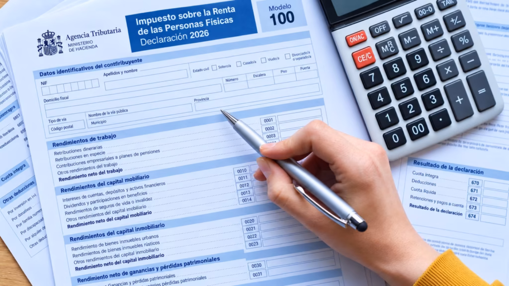 Primera declaración de la renta en España con ingresos del extranjero: formulario del IRPF, calculadora y bolígrafo.