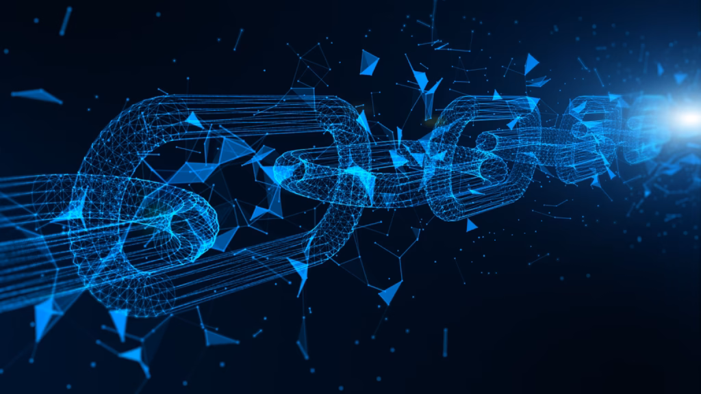 Cadena blockchain digital azul que representa la investigación de posibles estafas con criptomonedas vinculadas a Platinum Finance y Profaro Trade.