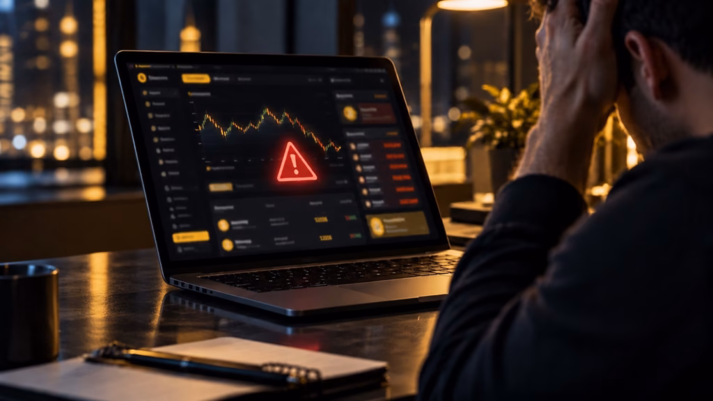 Usuario preocupado ante una alerta de seguridad en una plataforma de criptomonedas por un posible hackeo de Binance.