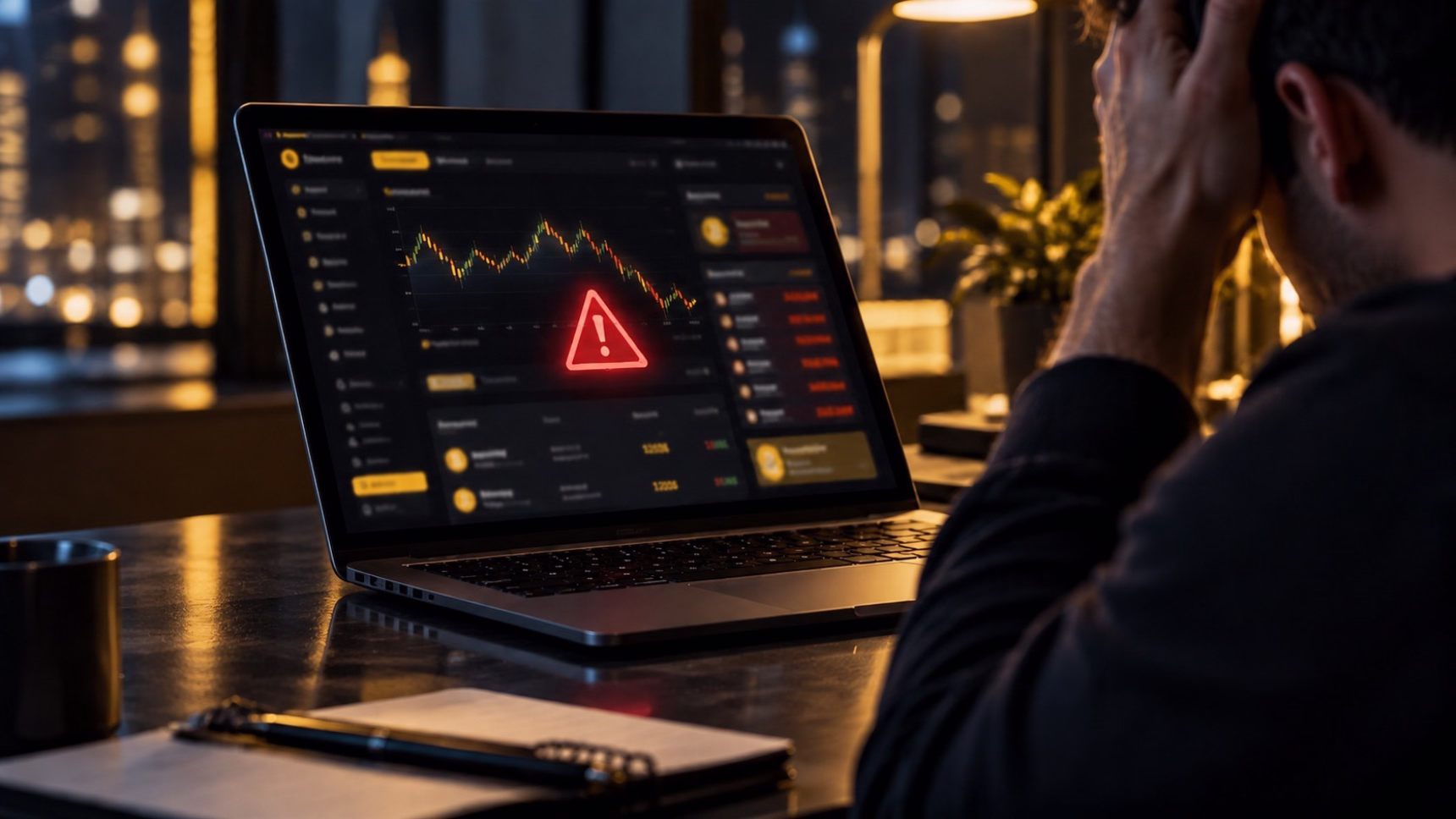 Usuario preocupado ante una alerta de seguridad en una plataforma de criptomonedas por un posible hackeo de Binance.