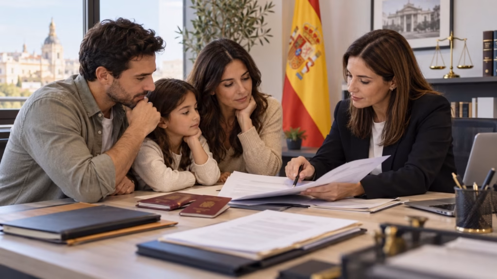 Familia reunida con una abogada para tramitar la reagrupación familiar en España