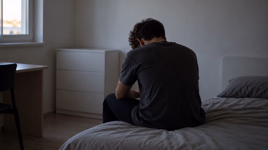 Joven sentado de espaldas en una habitación, imagen ilustrativa de un caso de suspensión del internamiento de un menor.