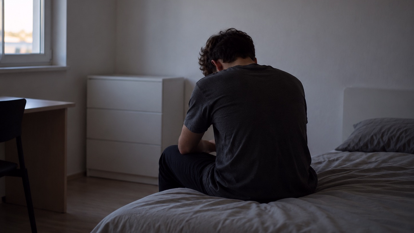Joven sentado de espaldas en una habitación, imagen ilustrativa de un caso de suspensión del internamiento de un menor.