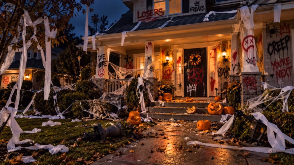 Casa con pintadas en la fachada, desperfectos y decoración de Halloween durante la noche.