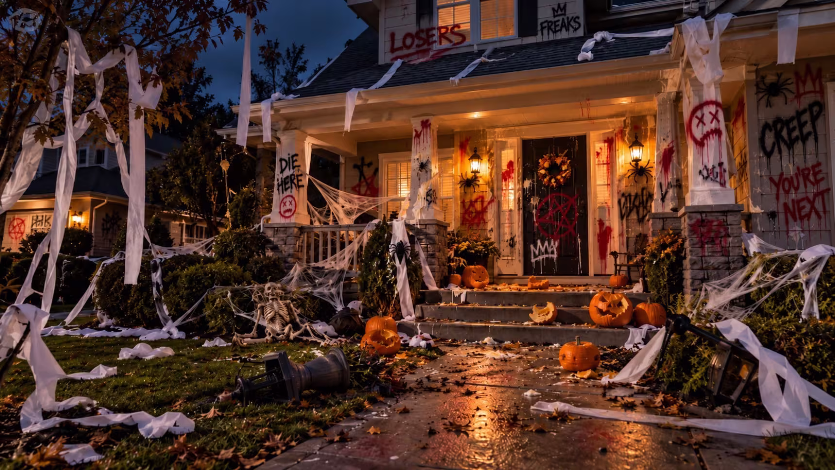 Casa con pintadas en la fachada, desperfectos y decoración de Halloween durante la noche.